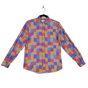 Vintage DIANE VON FURSTENBERG Multicolor Artsy Geometric Button Up Top SIZE 12